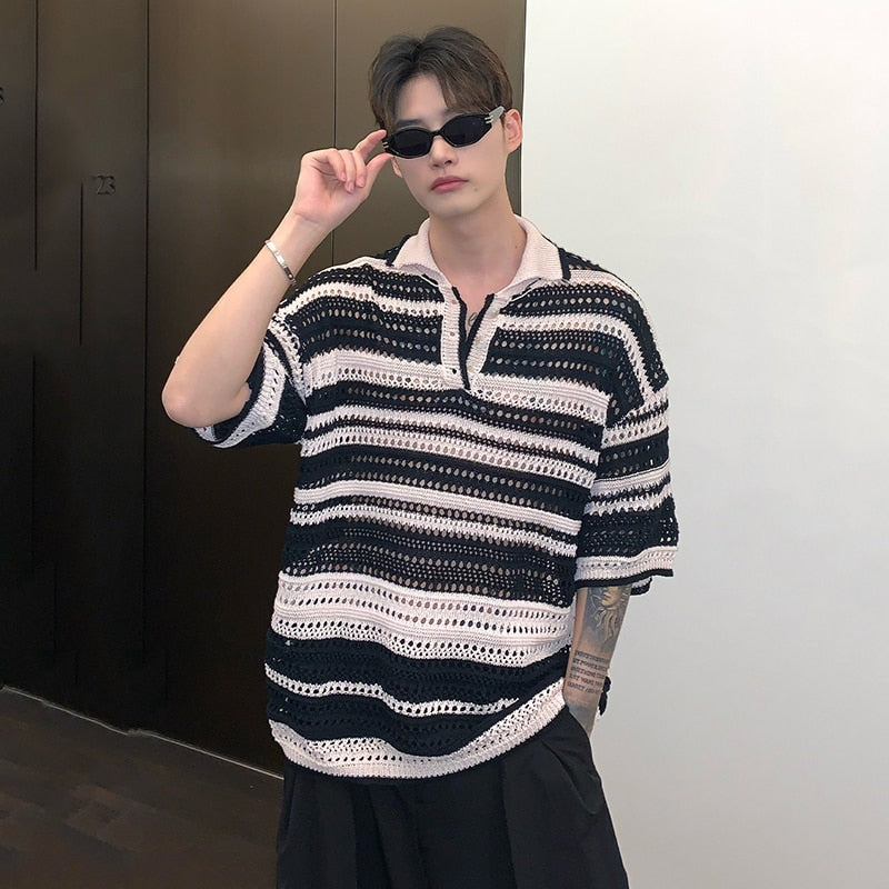 Niche Hollow Out Design New Men's T-shirt Male Casual Contrast Color Summer Short Sleeve Striped Knitwear Trend
