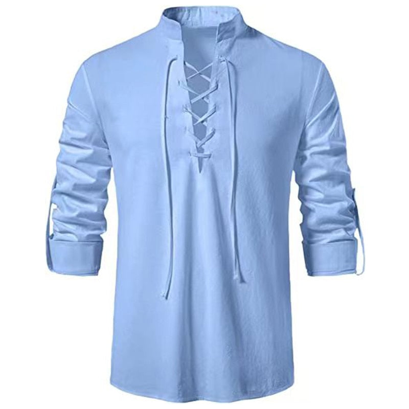 Men's V-neck shirt T-shirt Fashion Vintage Thin Long Sleeve Top men Casual Breathable Viking Front Lace Up man Shirts