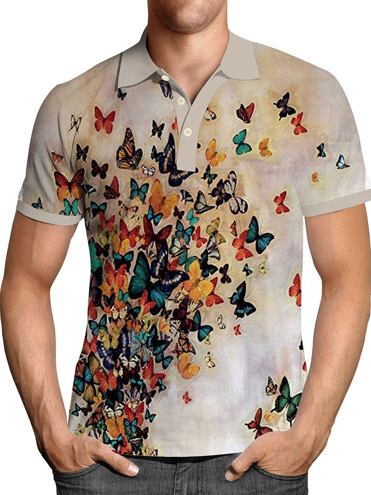 Pullover Tops Mens Fashion Turn-down Collar Button-up Polos Vintage Print Polo Shirt Men Summer Short Sleeve Casual shirts