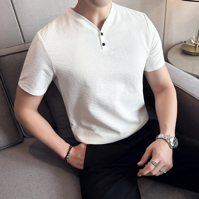 saferido Korean Style Men's Summer High Quality Casual Short Sleeve Knitted T-shirt/Male Slim Fit Fashion Ice Silk V-neck T-shirt S-4XL
