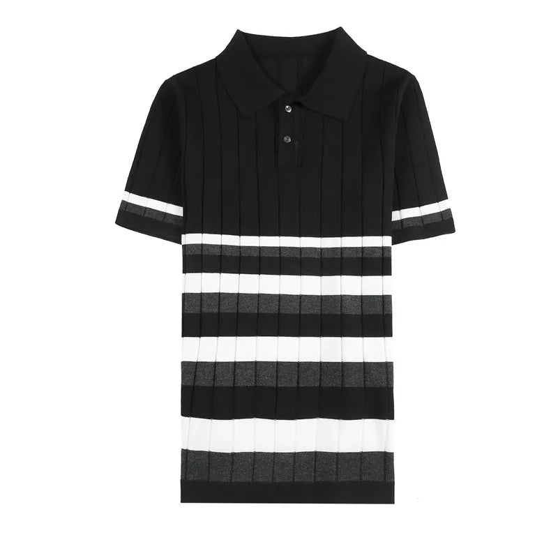 saferido British Style Men's Fashion Lce Silk Stripe Knitting POLO Shirts/Male Slim Fit Short Sleeve Leisure POLO Shirts S-3XL