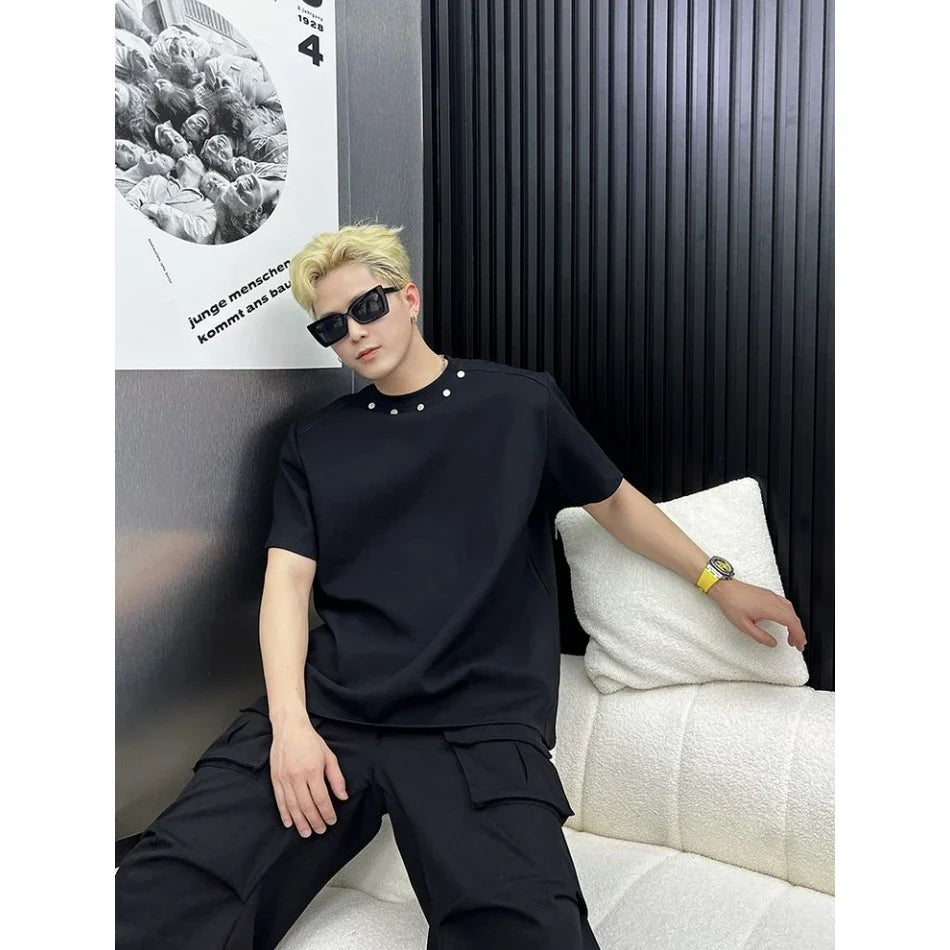 Heavy High-end Niche Short Sleeve T Shirts for Men Summer Loose Ins Design Solid Color Rivet Round Neck T-shirt Streetwear