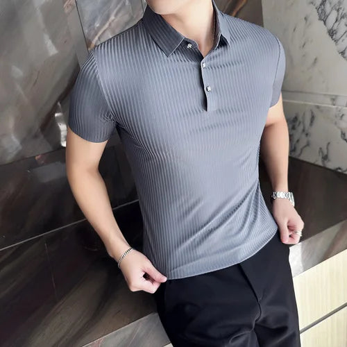 saferido Korean Style Men's Summer High Quality Elastic Force Ice Silk Polo Shirts/Male Slim Fit Stripe Casual Polo Shirts 4XL