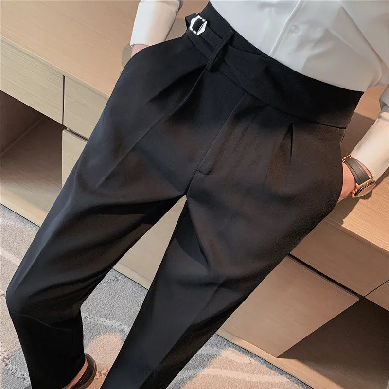 saferido Men Spring Stylecasual Nine Cent Trousers/Male Slim Fit High-grade Pure Cotton Stripe Suit Pants Black Gray
