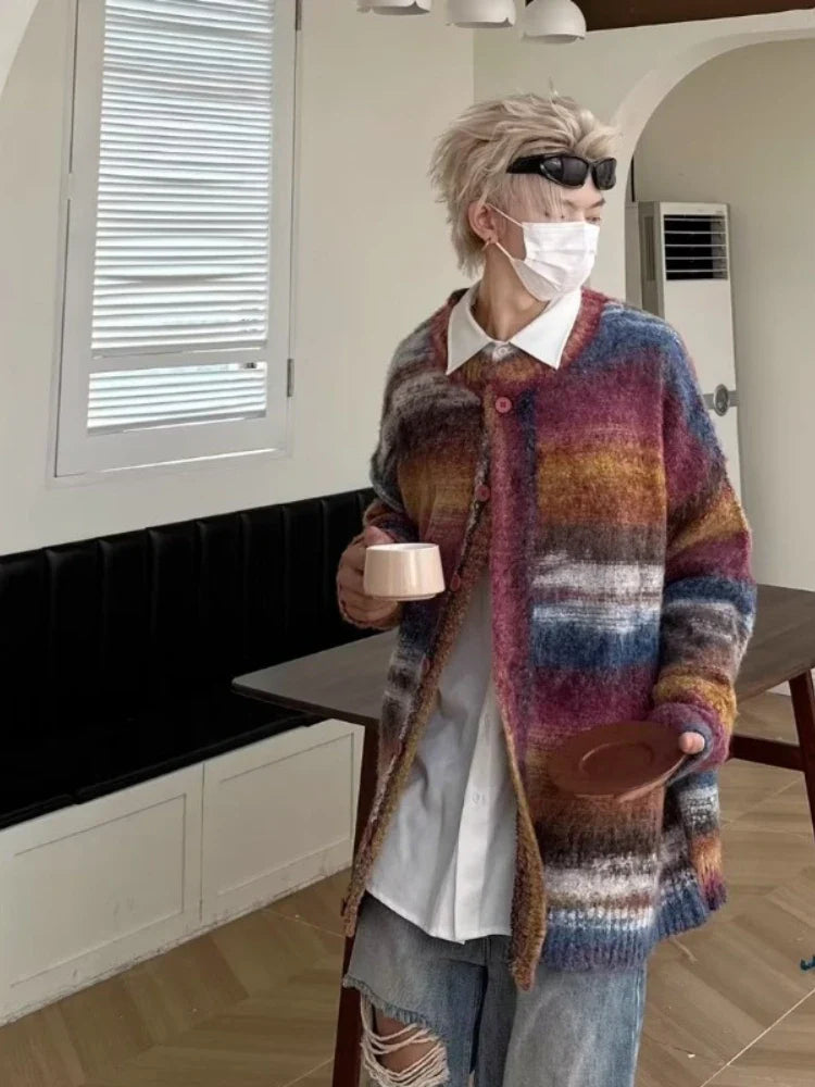 saferido Striped Knitted Sweater Coat Men Japanese Y2K Oversize Casual Autumn Winter Loose V-Neck Cardigan for Men Rainbow Color