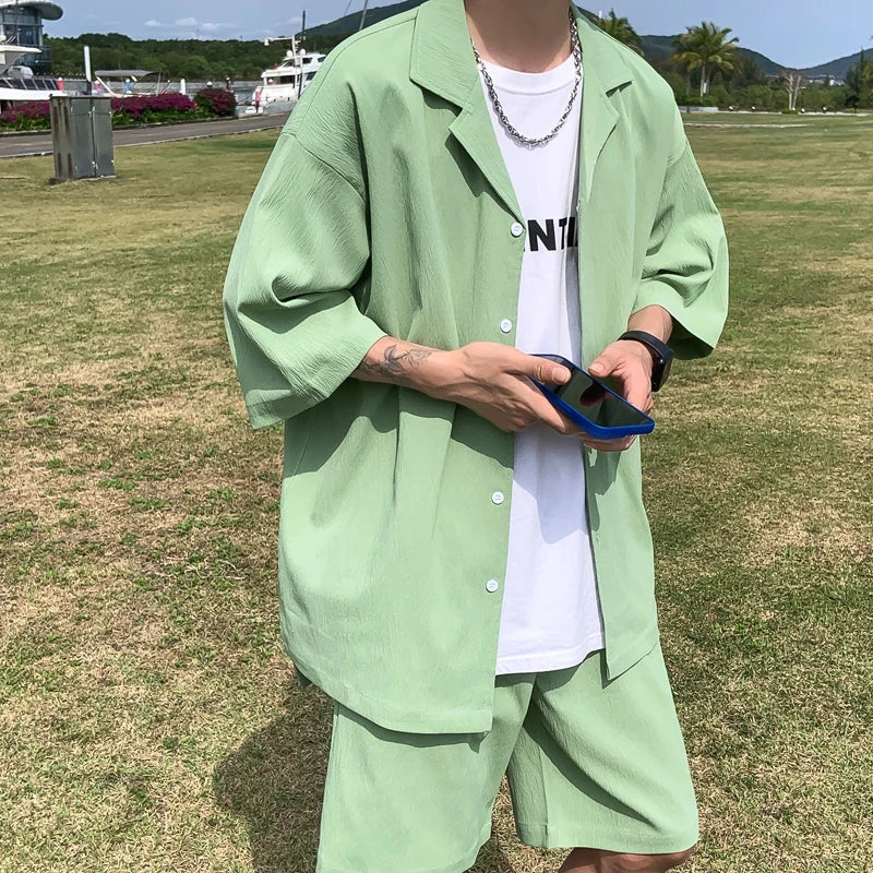 Summer Two-Piece Men's Sets Shirt and Shorts Casual Outfits Oversized Short Suit Plain Clothes Clean Fit Black White Green