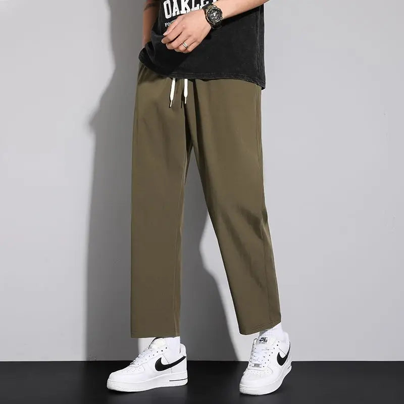 saferido Summer New Korean Trendy Loose Versatile Casual Straight Pants Men Solid Elastic Waist Drawstring Pocket Thin Wide Leg Trousers