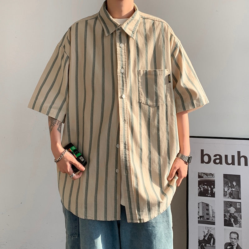 Retro Striped Short Sleeve Shirts for Men Summer Japanese Fashion Loose Casual Hawaiian Shirt Oversized Men Clothing