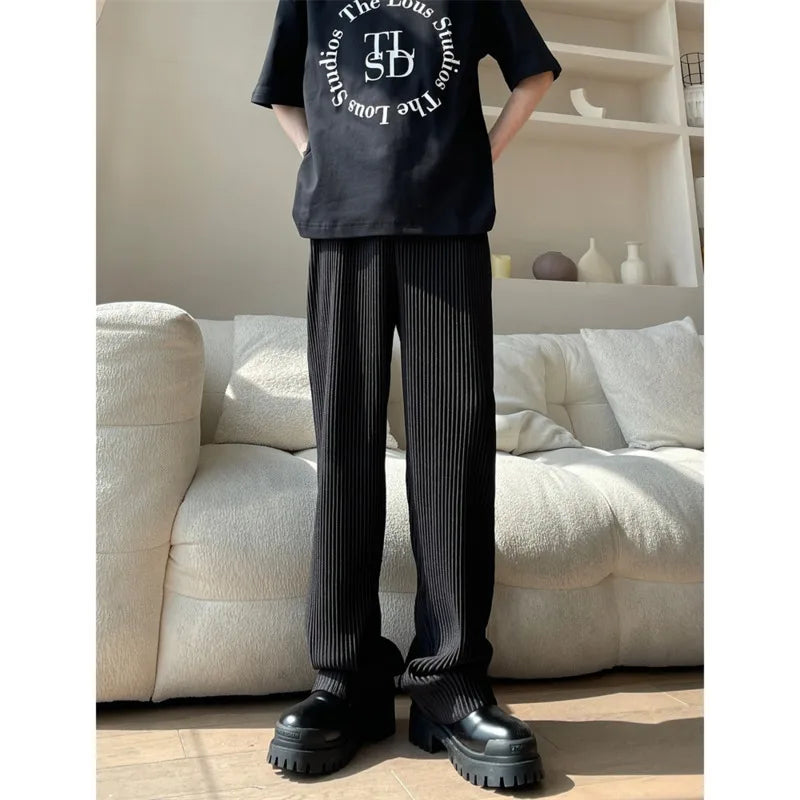 saferido Summer Pleated Pants Men Oversized Fashion Casual Ice Silk Pants Men Streetwear Hip Hop Loose Wide Leg Pants Mens Trousers S-2XL