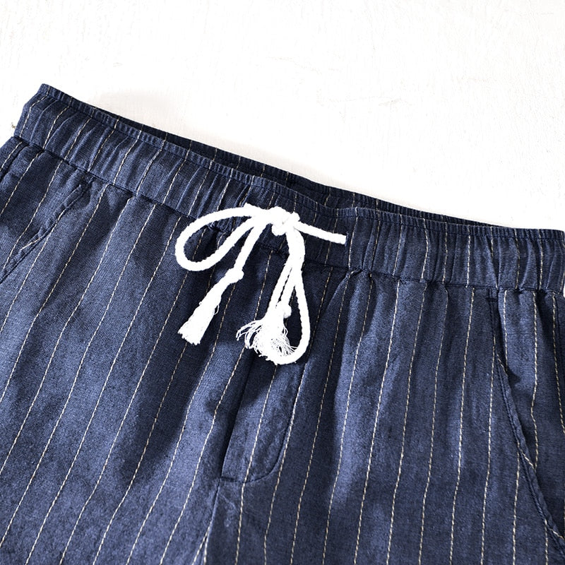 Cotton Linen Shorts for Men Fashion Striped White Loose Holiday Shorts Man Casual Plus Size Drawstring Short Pants
