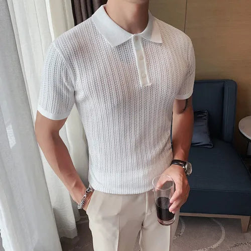 saferido British Style POLO Shirts Men Knitting Short Sleeve Shirts Solid Color Lapel Business Casual Top Summer Social Clothing 3XL
