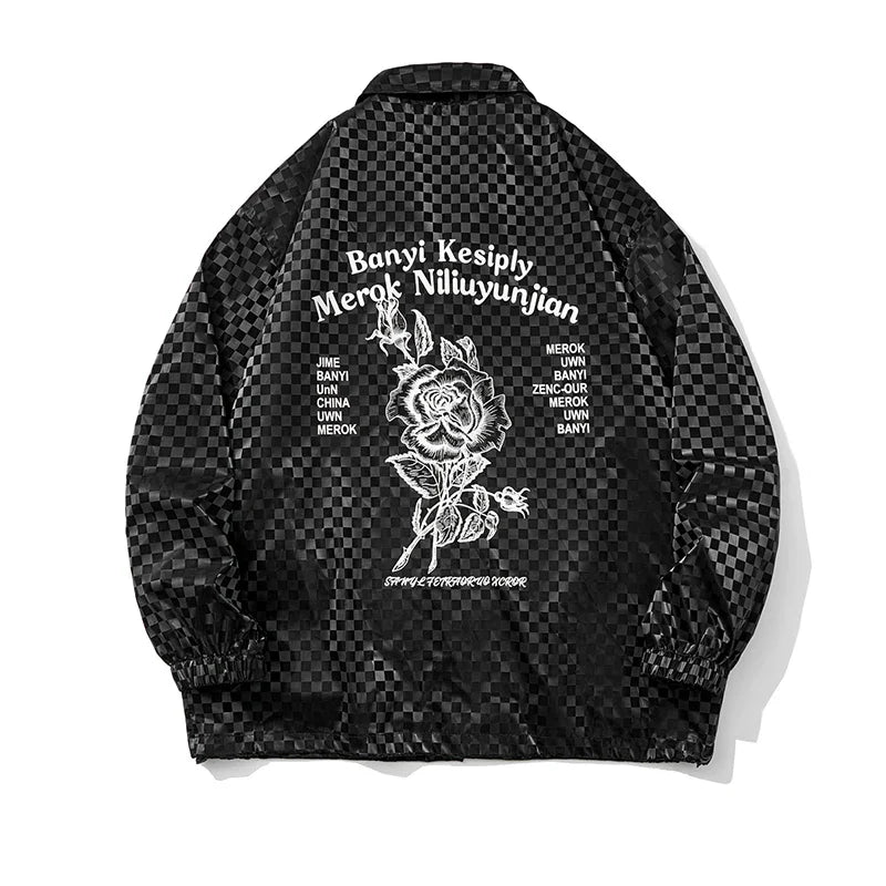 saferido Korean Checkerboard Pattern Jackets Quilted Embroidered Jacket Men Women Button Closure Coat Lightweight Windproof Jackets Teens