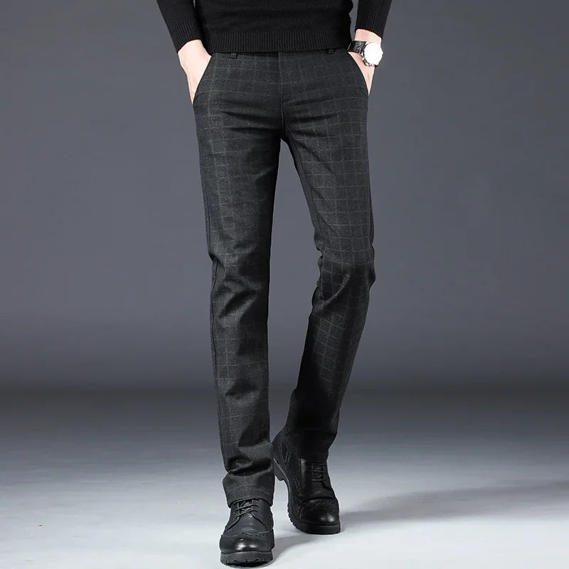 Men's New Designer Plaid Business Prom Work Stretch Trousers Male Vintage Soft Cotton Slim Fit Straight Leg Casual Long Pants