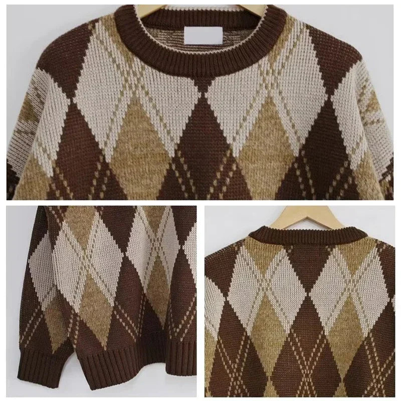 saferido Argyle Sweater Pullover Men's Christmas Grandpa Sweater Korean Casual Vintage Retro Clothes Autumn Streetwear Harajuku