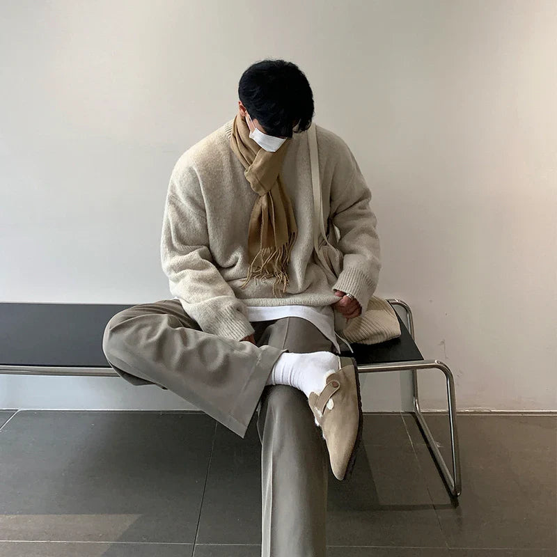Winter Round Collar Mohair Solid Color Sweater Loose Korean Style Vintage Kintted Sweater Pullover Men Clothing