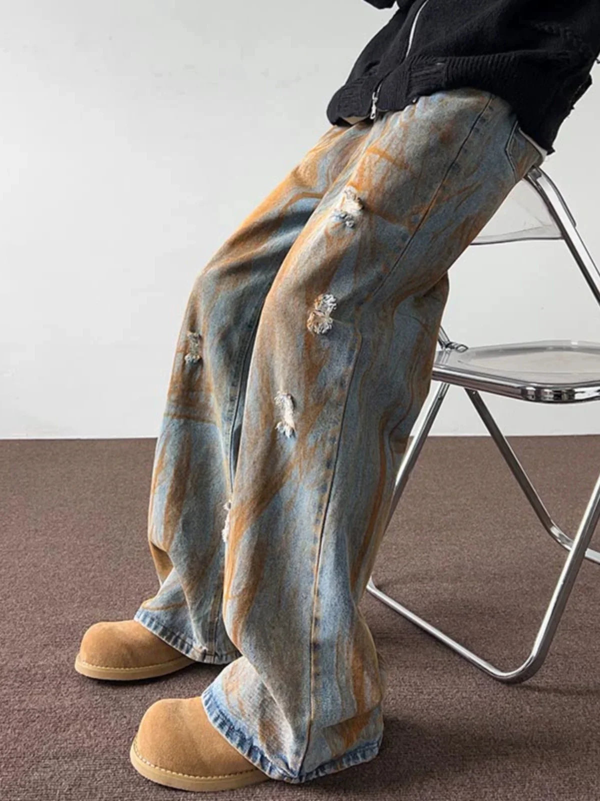 saferido Spring and autumn tie dyed distressed jeans, men's straight leg American trendy brand ruffian handsome casual hip-hop high street 2024