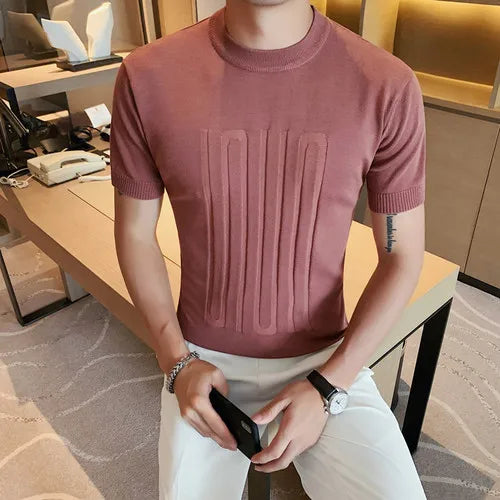 saferido New Summer Men's Short Sleeve Solid Color T shirt Round Collar British Slim Casual Fashion Knit T-Shirts S-3XL