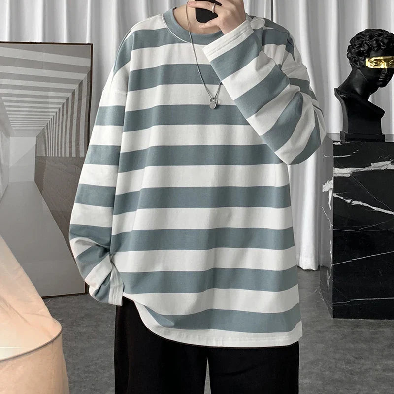 saferido Spring Mens Stripe Tops Tees Harajuku Long Sleeve T Shirts Casual High Quality Unisex Tshirt