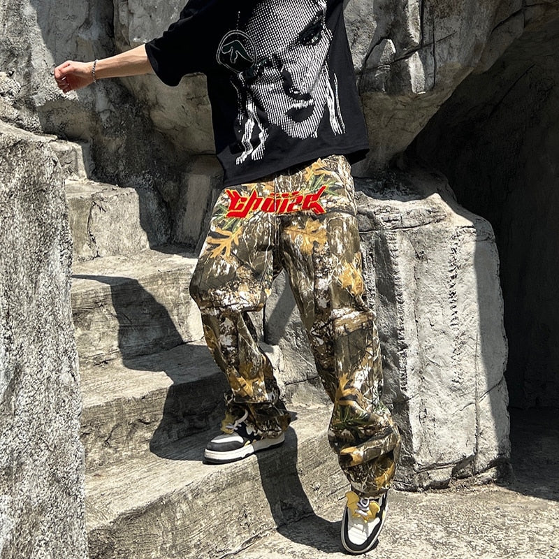 Letter Towel Embroidery Camouflage Cargos for Men Streetwear Casual Y2K Baggy Overalls Pants Oversized Unisex Spliced Trousers