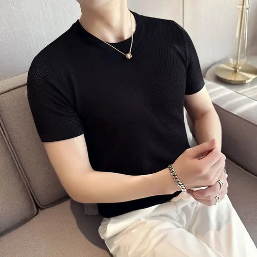 saferido Korean Style Men's Summer Casual Short Sleeve Knitted T-shirt/Male Ice Silk Hollow Out Round Neck T-shirt S-3XL