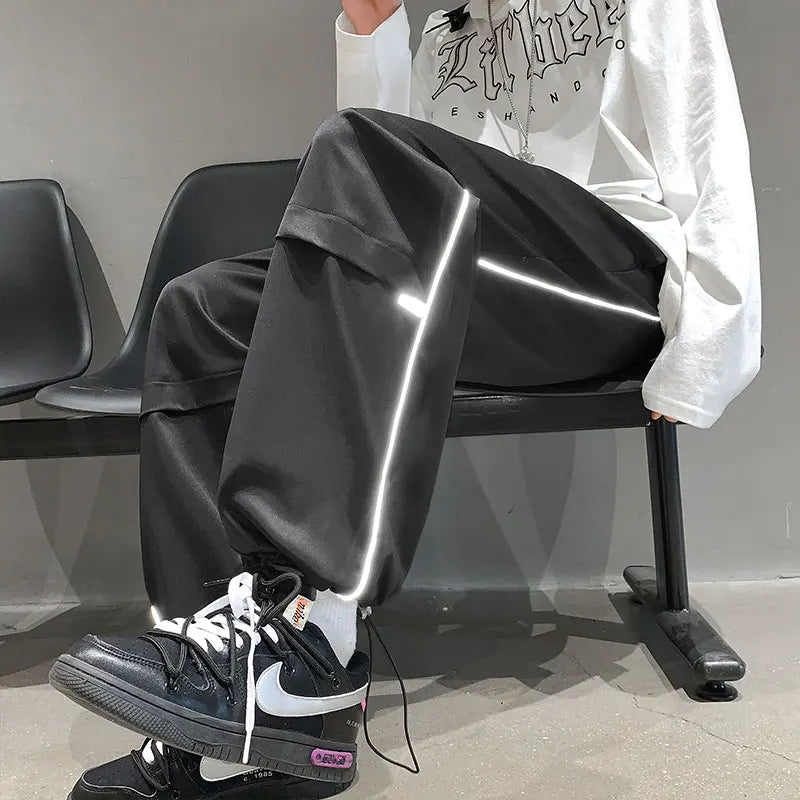 saferido Reflective Striped Sweatpants Men's Spring Autumn Oversize Beam Feet Solid Stitching Casual Pants Sports Trend Classic Trousers