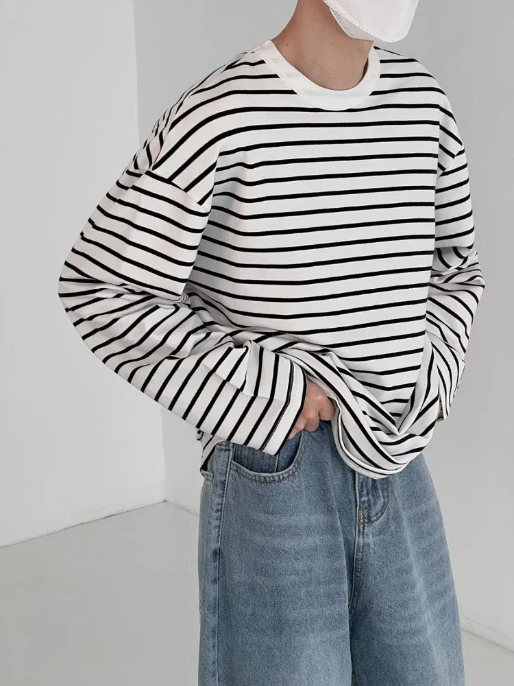 Striped T-shirts Men Long Sleeve Baggy Korean Style Srteetwear Fashion All-match Contrast Color Temperament Tops Daily Leisure
