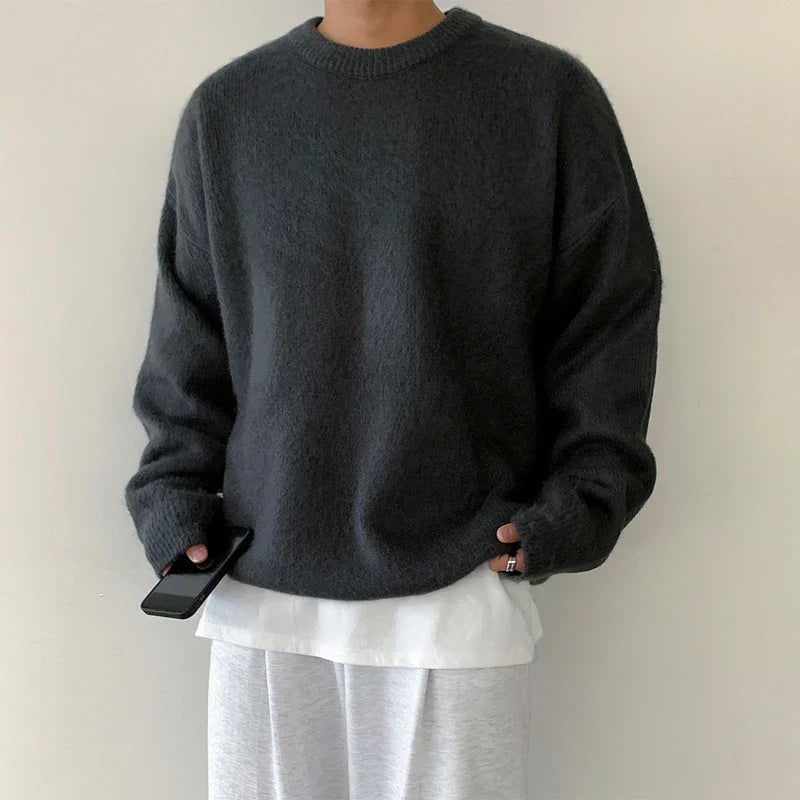 Winter Round Collar Mohair Solid Color Sweater Loose Korean Style Vintage Kintted Sweater Pullover Men Clothing