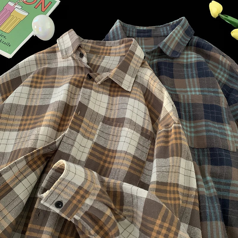 saferido Korean Street Plaid Shirt Coat Men's Long Sleeve Turn Down Collar Casual Shirts Vintage College Style Unisex Fashion Clothing