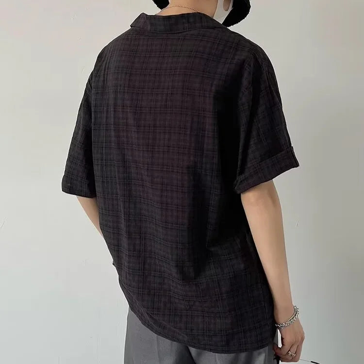 saferido Black Plaid Shirts Men Summer Loose Breathable Teens All-match Trendy Korean Fashion BF Simple Tops Streetwear Harajuku Camisas