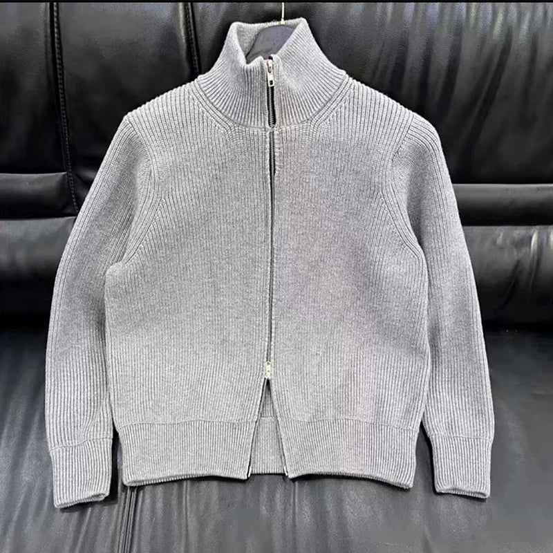 High Collar Men Winter Lambs Wool Cardigan Casual Loose Gray Zipper Knitted Sweater Fashion Contrast Long Sleeve Man Jumper New