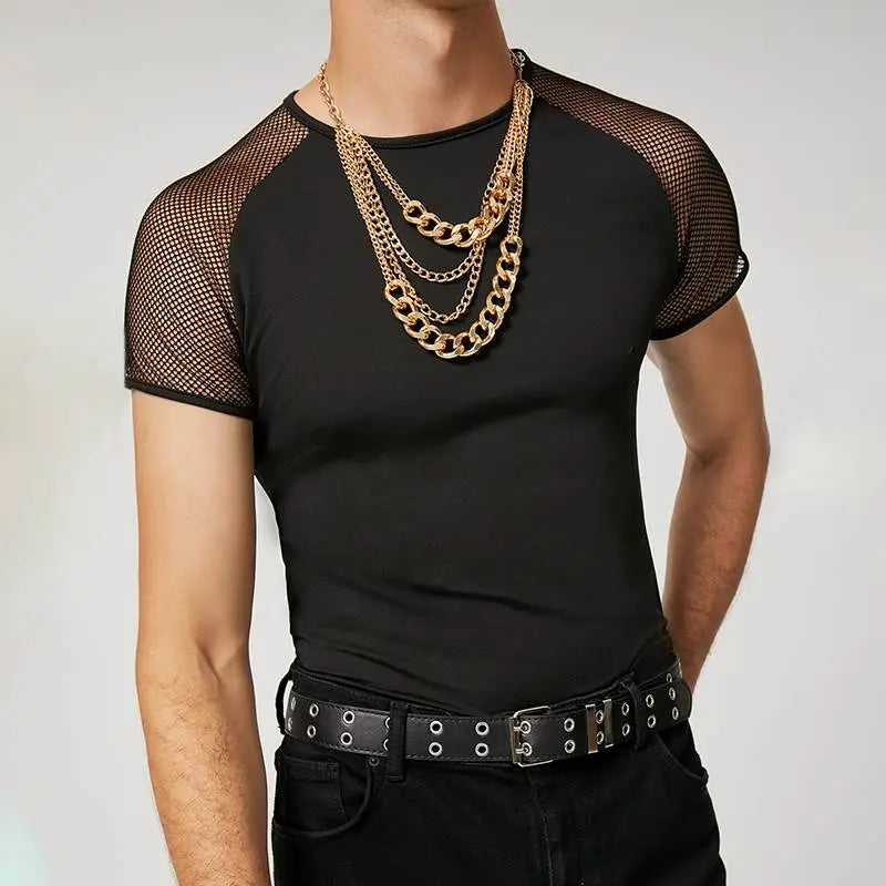 Fashion Men T Shirt Mesh Patchwork Streetwear Crew Neck Short Sleeve Casual Tee Tops Sexy Breathable Camisetas 5XL