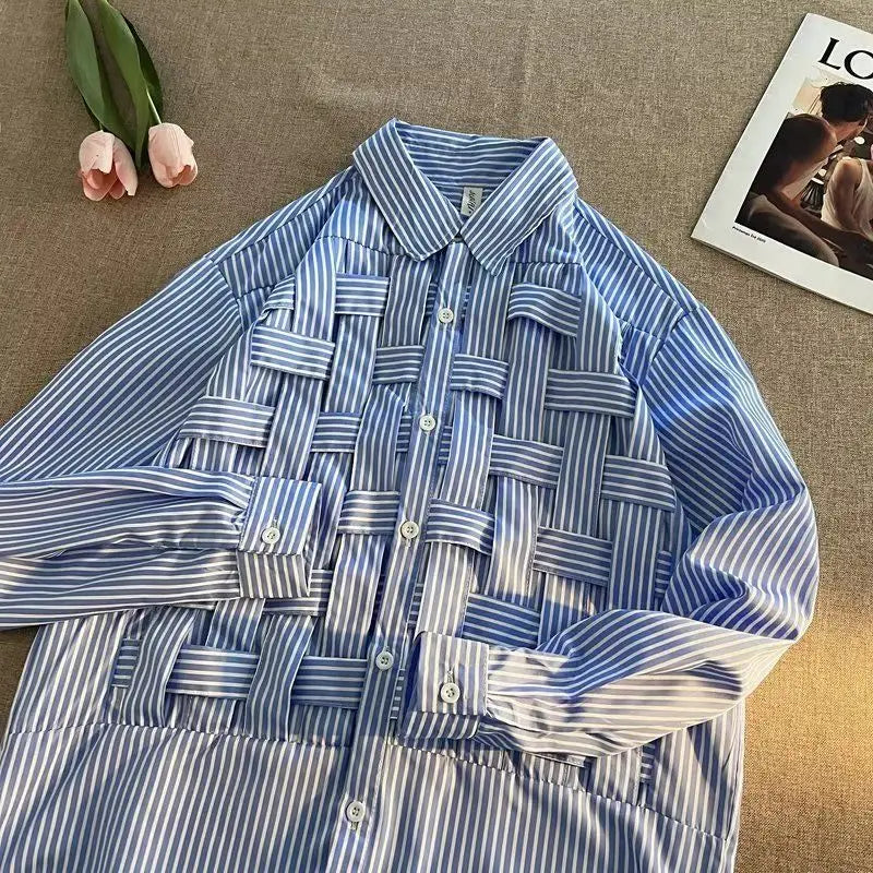 New Spring and Autumn Fashion Korean Edition Hip Hop Trend Advanced Sense Casual Loose Stripe Woven Long Sleeve Men's Shirt