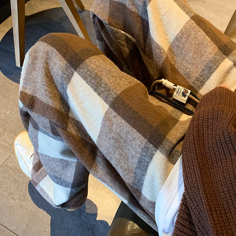 saferido Winter Thickened Woolen Pants Men Warm Retro Plaid Pants Men Oversized Streetwear Loose Wide Leg Pants Mens Thick Trousers M-2XL
