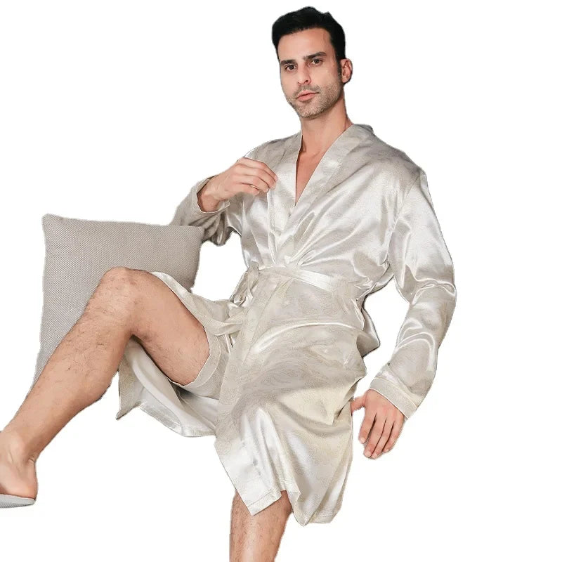 saferido Pajama men's spring and autumn silk thin style oversized pajamas long sleeved bathrobes ice silk bathrobes home clothing summer