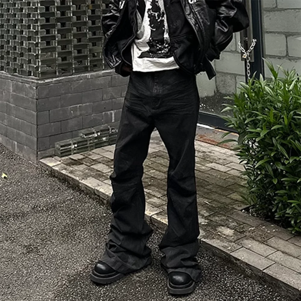 saferido Streetwear Black Glue Coated Boot Cut for Men and Women Straight Baggy Casual Flare Pants Oversized Loose Denim Trousers
