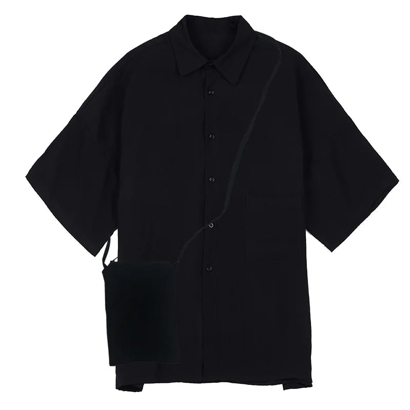 saferido Black Oversized Short Sleeve Shirt Men's Korean Style Drop Shoulder Shirt Harajuku Loose Single Breasted Shirt