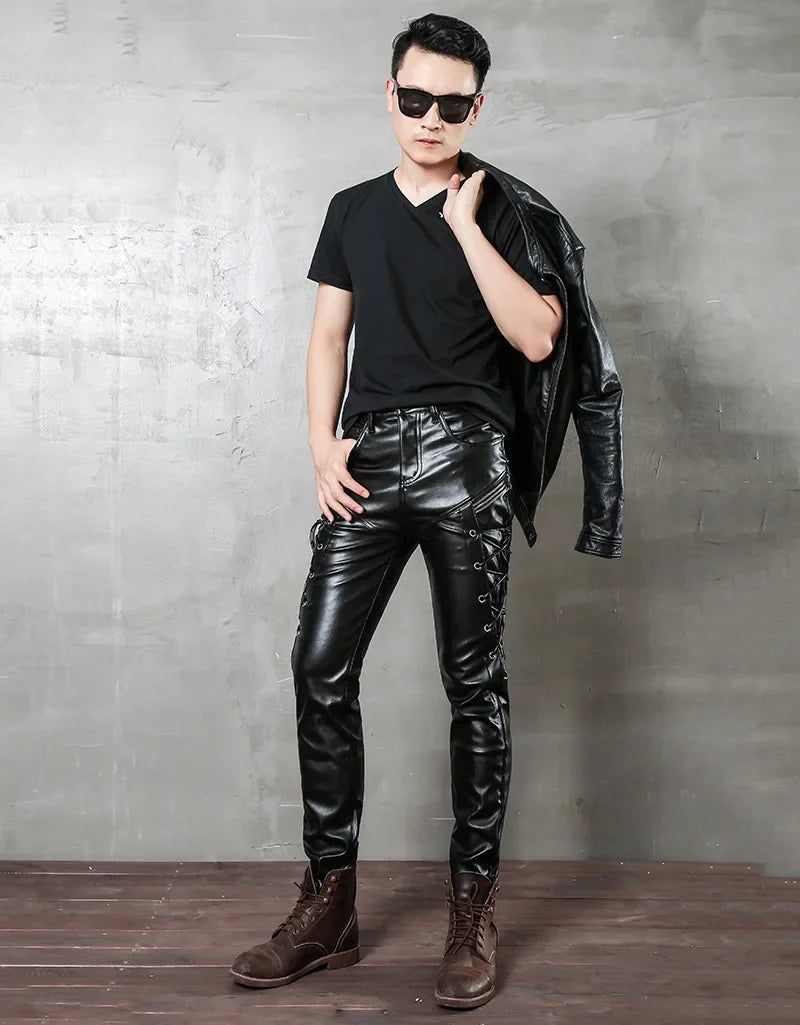 saferido 2024 PU leather men's black leather rope plus velvet leather pants punk style men's motorcycle pants slim fit personality simple