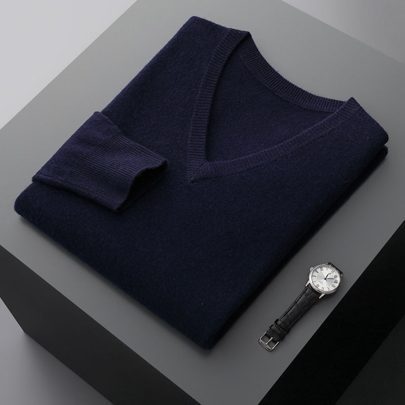 Merino Wool Sweater Men's V-neck Pullover Top Autumn Winter Knitted Casual Loose 100% Pure Wool Jacket
