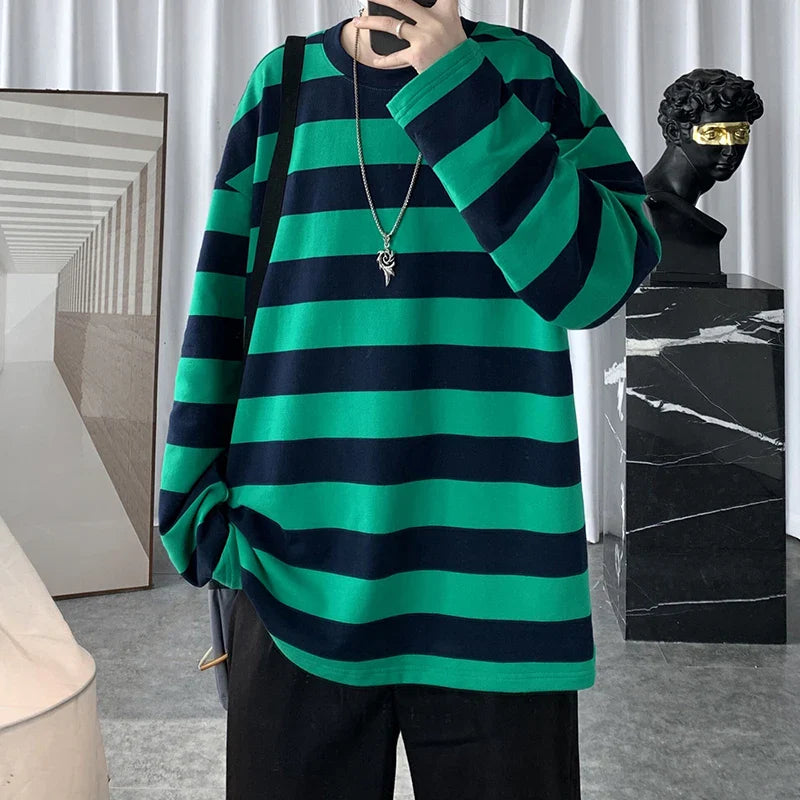 saferido Spring Mens Stripe Tops Tees Harajuku Long Sleeve T Shirts Casual High Quality Unisex Tshirt