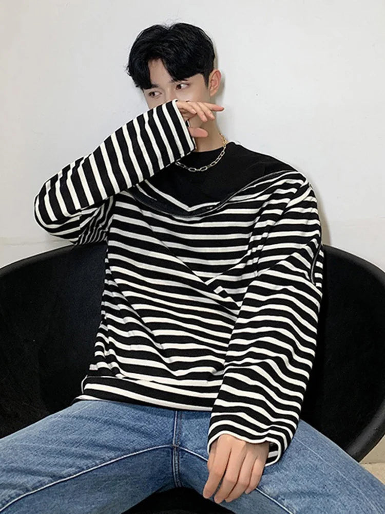 saferido Wide Streetwear Open Shoulder Zipper Fake Two Pieces Stripe Long Sleeve Top Men's Loose Long Sleeved T-shirt Spring