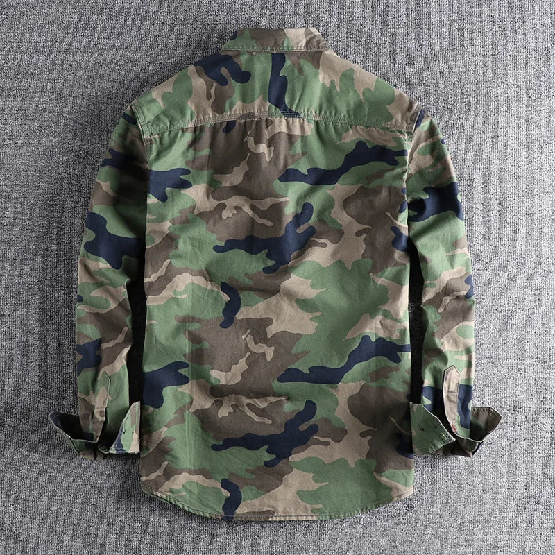Spring Autumn New Men's Wash Camouflage American Tooling Long-Sleeved Shirt Double Pocket Everything Casual Military Youth