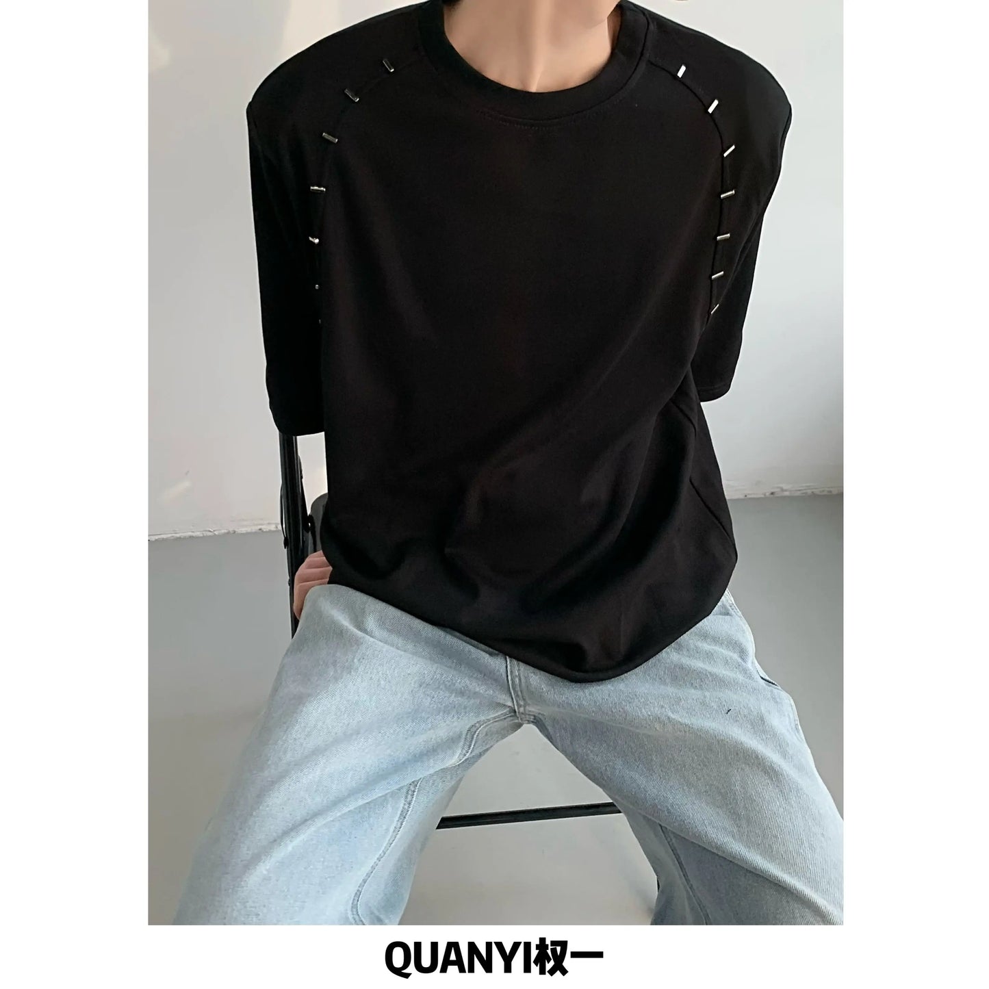 Korean Style Heavy Shoulder Pad Short Sleeve T Shirt Men Metal Niche Design Loose Casual Harajuku Solid Color Bottoming Shirt