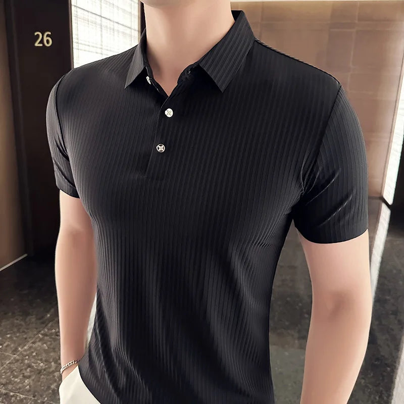 saferido Korean Style Men's Summer High Quality Elastic Force Ice Silk Polo Shirts/Male Slim Fit Stripe Casual Polo Shirts 4XL
