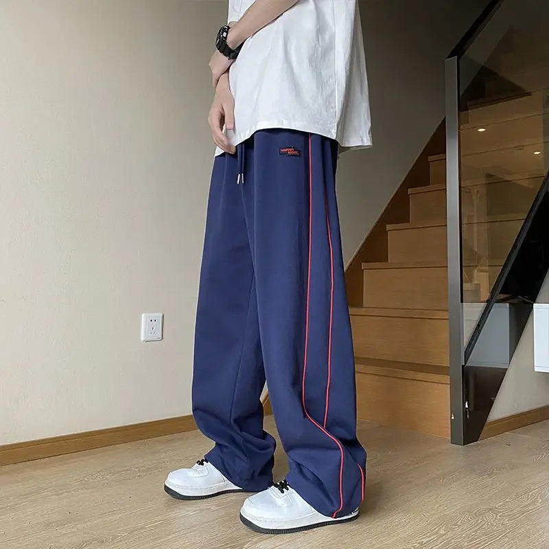 saferido American Hip-hop Loose Sports Pants Men's Autumn Solid Patchwork Elastic Waist Drawstring Pocket Side Striped Straight Trouser