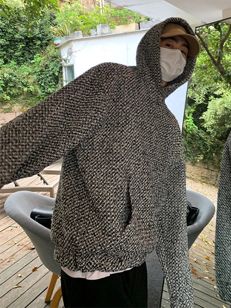 Vintage Men Texture Hooded Sweatshirt Spring Y2k Loose Long Sleeves Pocket Hoodie Tops Fashion Luxury High Quality Pullover
