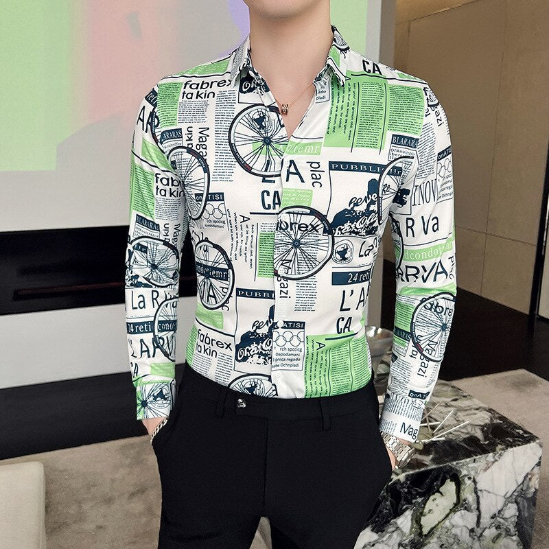 Men's Classic Geometric Print Shirt Spring Autumn Retro Casual Slim Fit Long Sleeve Shirts Men Party NightClub Shirts