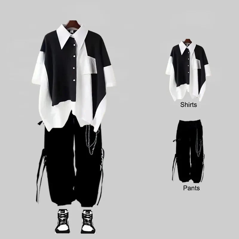 saferido New Men Streetwear Two-piece Suit Splice Chain Long Sleeve+Ribbon Chain Pants Harajuku Cargo Pants 2 Piece Sets Mens Outfits