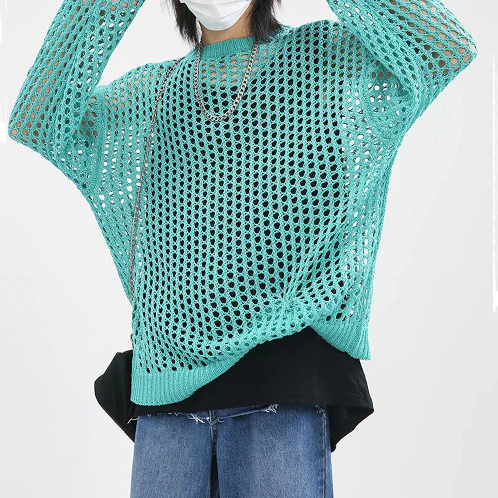 Mens Y2k Hollow Out Outfits See-Through Knit Shirts New Summer Fashion All-Match Casual Geometric Vintage Loose Smock Tops