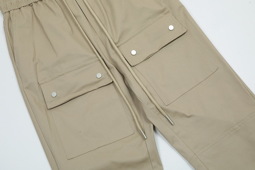 Side Ankle Button Pockets Drawstring Cargo Pants Men's Straight Solid Color Streetwear Baggy Casual Overalls Y2K Unisex Trousers