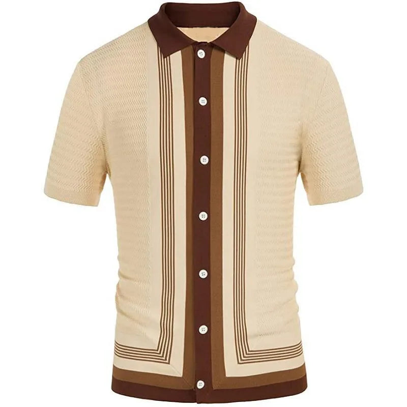 Men's Summer Casual Stripe Shirts Knitted Vintage British Breathable Patchwork Short Sleeve Jacquard Business Polo Shirt